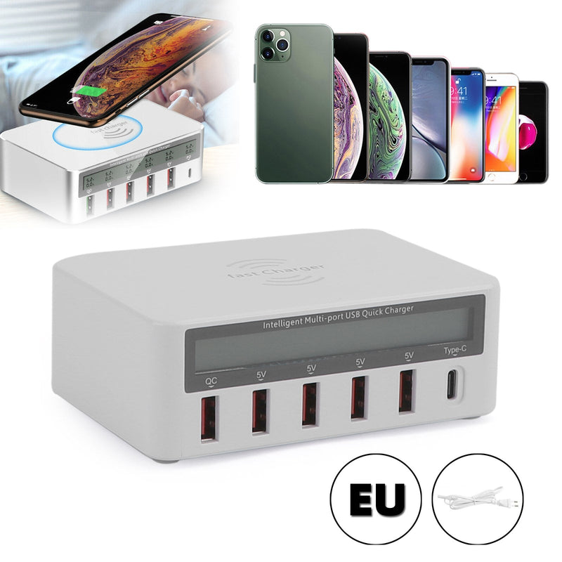 Multiport Quick USB Charger Station med trådlös laddningsplatta LCD-display EU