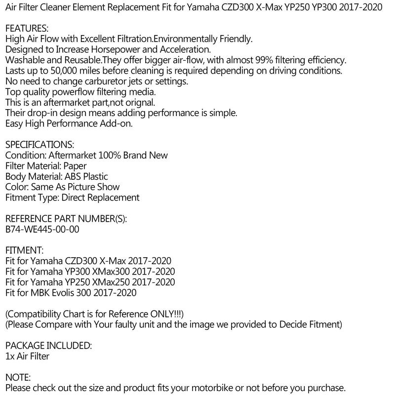 WYMIANA FILTRA POWIETRZA Nadaje się do Yamaha CZD 300 XMax 250 X-MAX 300 2017-2020 Generic