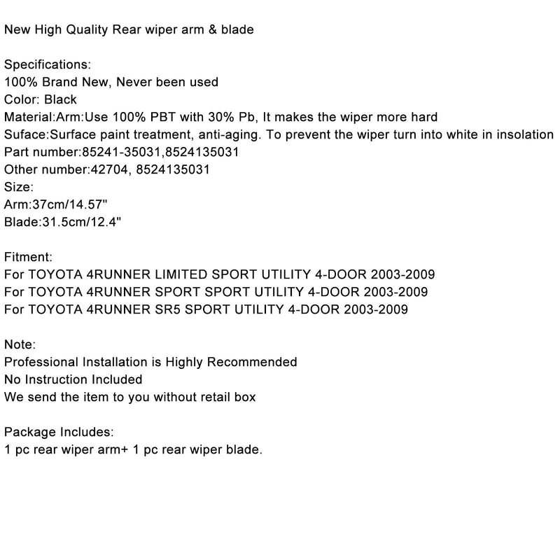 Braço e lâmina do limpador traseiro 2 peças para Toyota 4Runner 2003-2009 85242-35021 Genérico