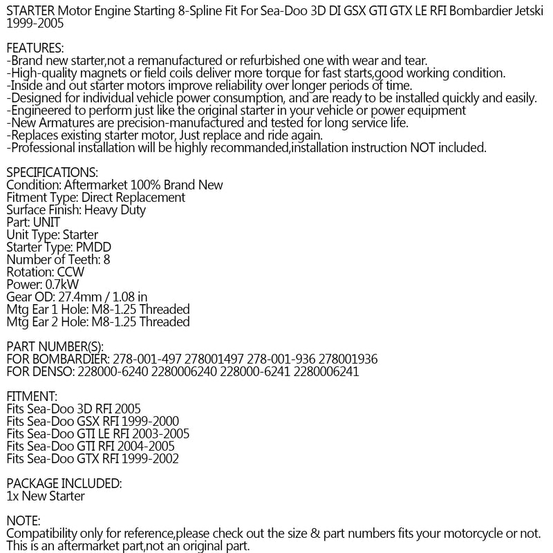 NOVO Starter para Sea-Doo 3D DI GSX GTI GTX LE RFI Bombardier Jet-Ski 1999-2005 Genérico