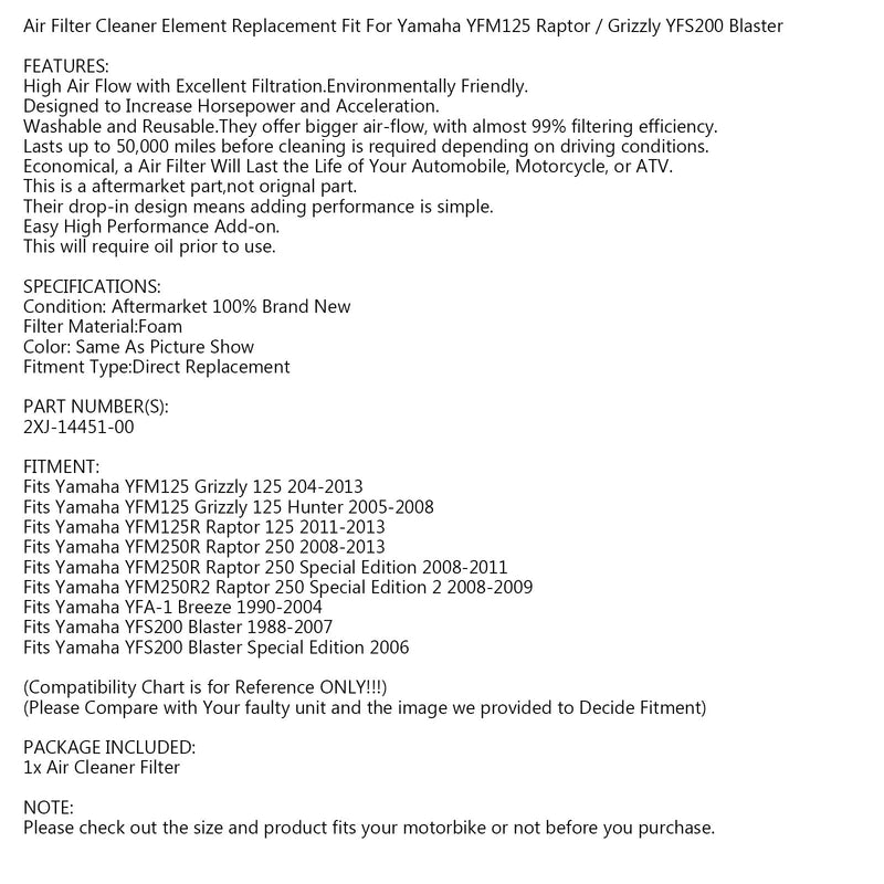Filtr powietrza do Yamaha Blaster 200 YFS200 88-06 YFM125 YFM250 Grizzly Raptor