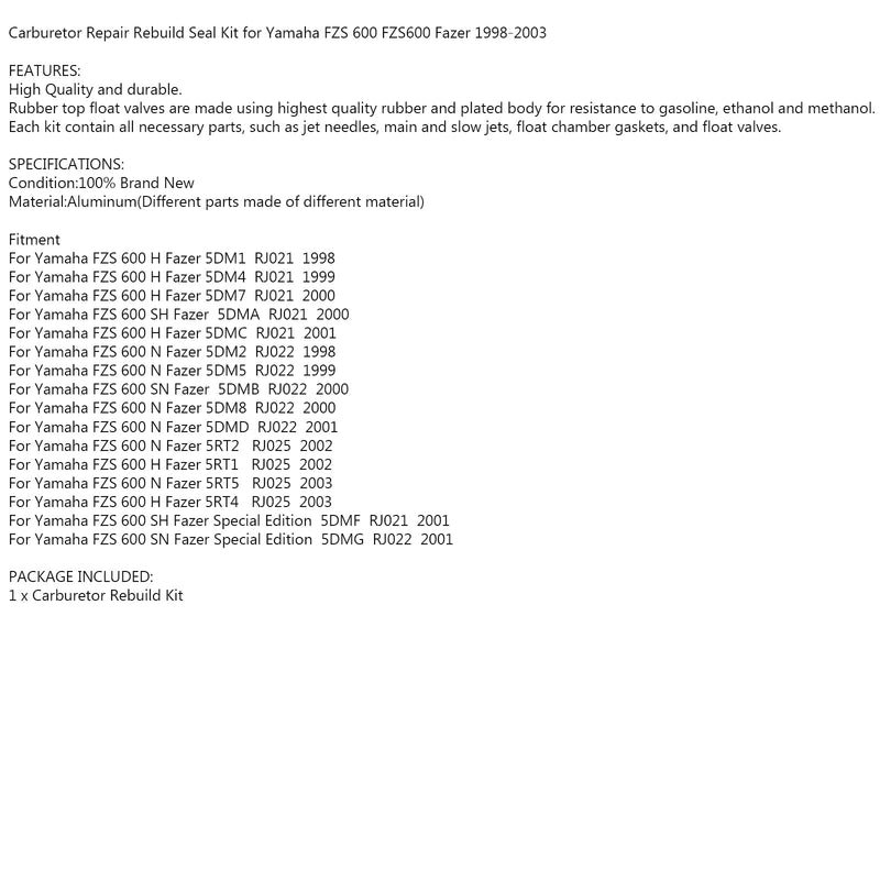 Kit de sello de reconstrucción de reparación de carburador para Yamaha FZS 600 H n FZS600 FAZER 1998-2003