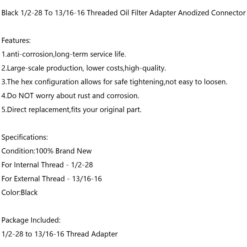 Adaptador de rosca de filtro de aceite de 1/2-28 a 13/16-16 más resistente que el aluminio. Nuevo 