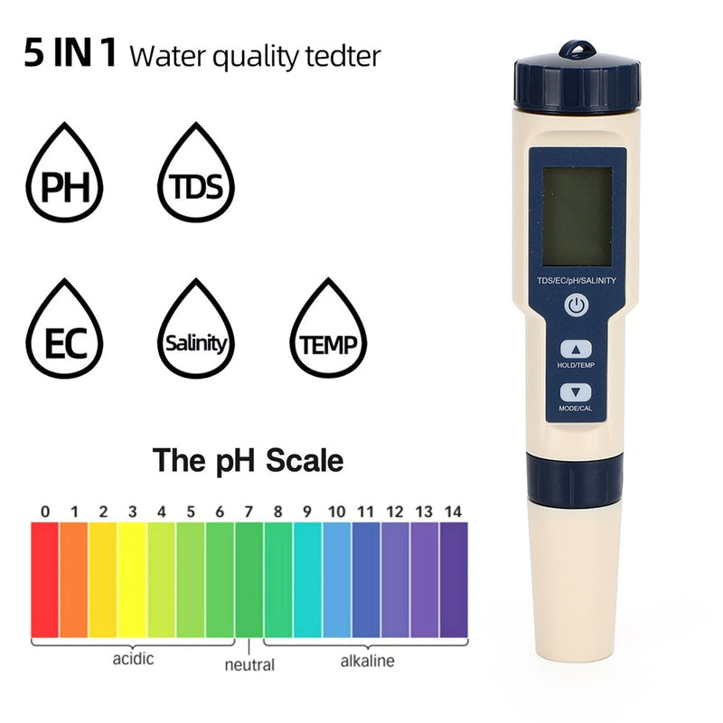 5in1 PH/TDS/EC/Salzgehalt/Temperatur Digital Water Quality Tester Meter Test Tool