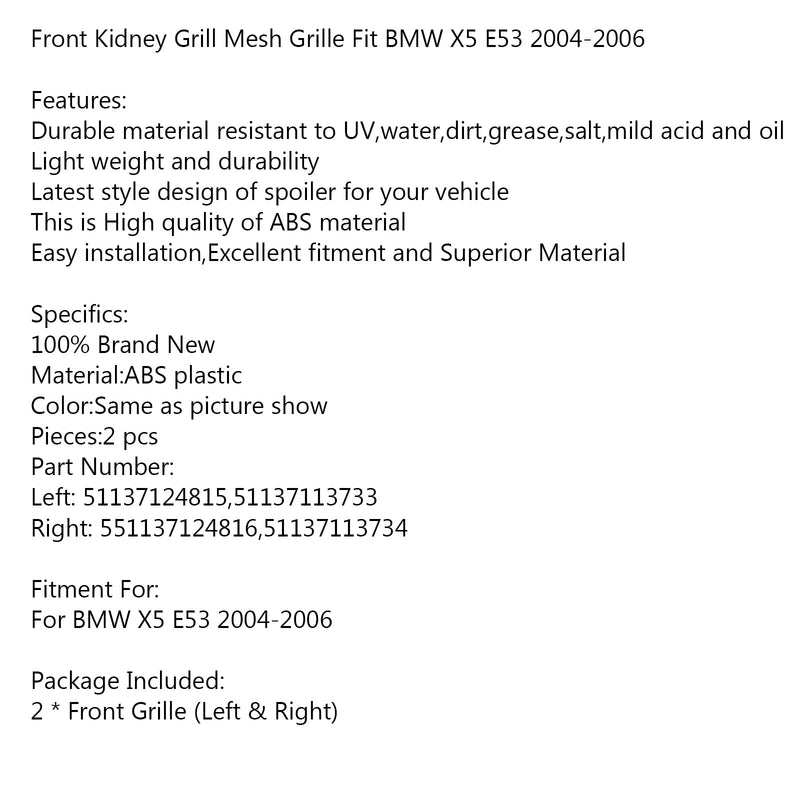 Nyregitter foran for BMW X5 E53 2004-2006 X-serien blank svart Generisk