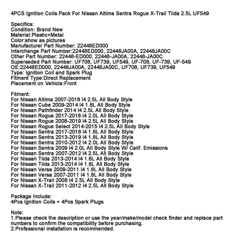 2013-2014 Nissan Tiida l4 1.6L 1.8L Zündspulen Pack UF549 4PCS