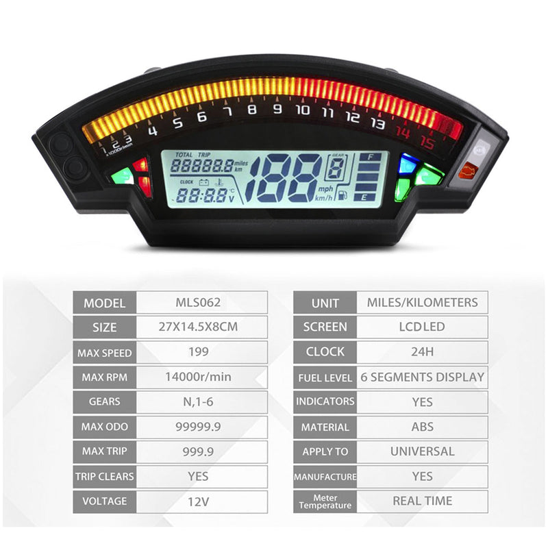 Universal-Motorrad-Schwarz-TFT-Digital-Tachometer 14000 U / min Hintergrundbeleuchtung Kilometerzähler Generic