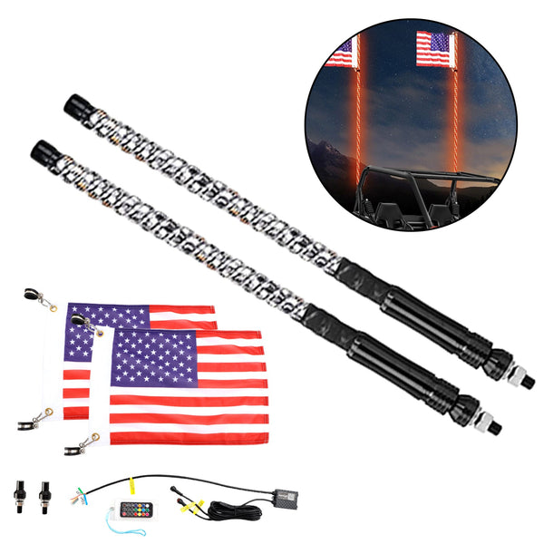 2x 2 pés rgb led app chicote luzes antena com controle remoto de bandeira para polaris utv atv