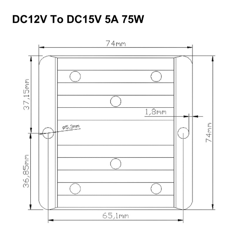 Vedenpitävä DC/DC-muunninsäädin 12V askel 15V 5A 75W