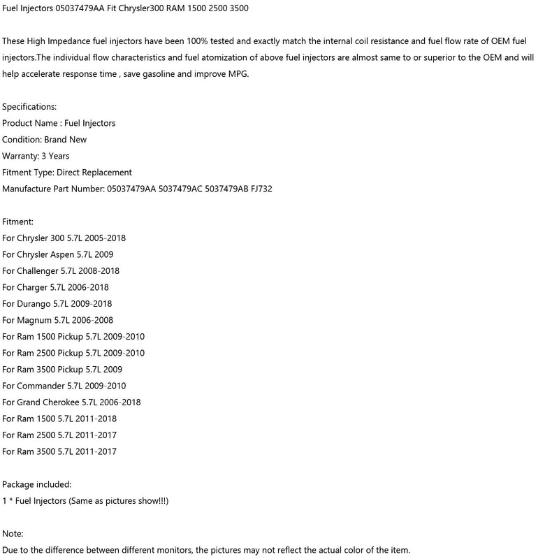 1 st Bränsleinsprutare 05037479AA FIT Chrysler300 Ram 1500 2500 3500 5037479AC