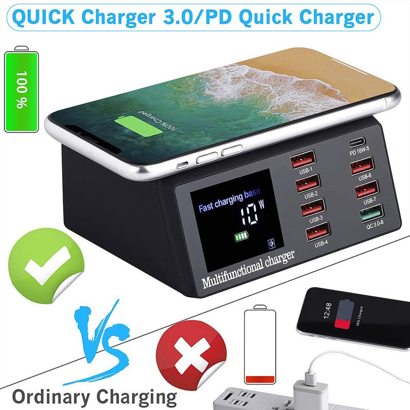 100W 8 Ports USB QC 3.0 PD Schnellladegerät Wireless Charging Station EU Plug