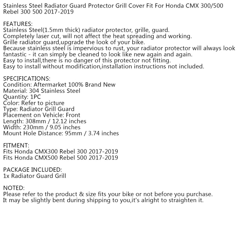 Protetor de capa protetora do radiador para Honda Rebel CMX 300 500 2017-2020 preto genérico