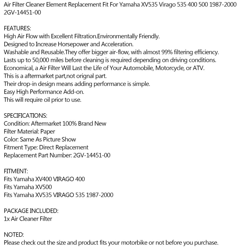 Luftfilterreiniger für Yamaha XV 400/500 XV535 Virago 400 535 87-00 2GV-14451-00