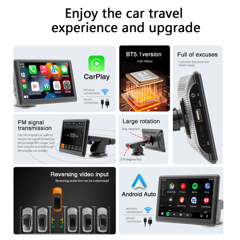 7" Wireless Carplay Bluetooth Stereo Radio FM Auto MP5-soitin + 4 LED-kamera