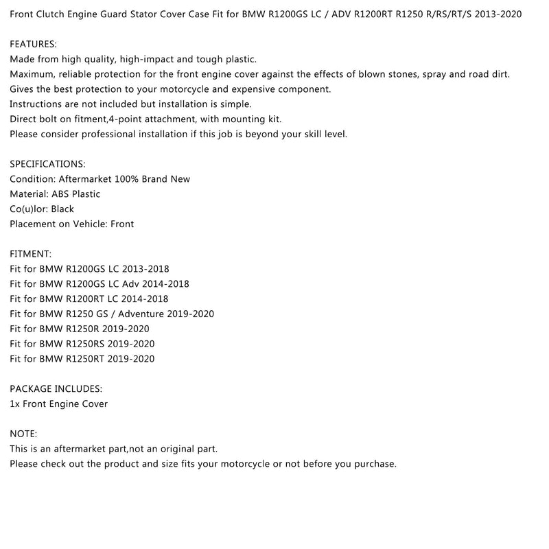 Proteção dianteira da tampa do motor para BMW R1200GS LC Adv R1200RT R1250 R/RS/RT 13-20