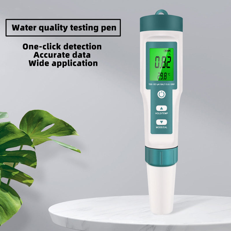 7 i 1 bakgrunnsbelysning PH/TDS/EC/ORP/TEMP/SG/SALINTHAFT digital vannkvalitetstester