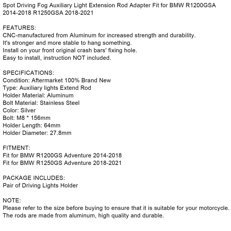 Areyourshop Par de varillas de extensión para faros adicionales aptos para BMW R1200GSA 14-2018 R1250GSA 18-2021