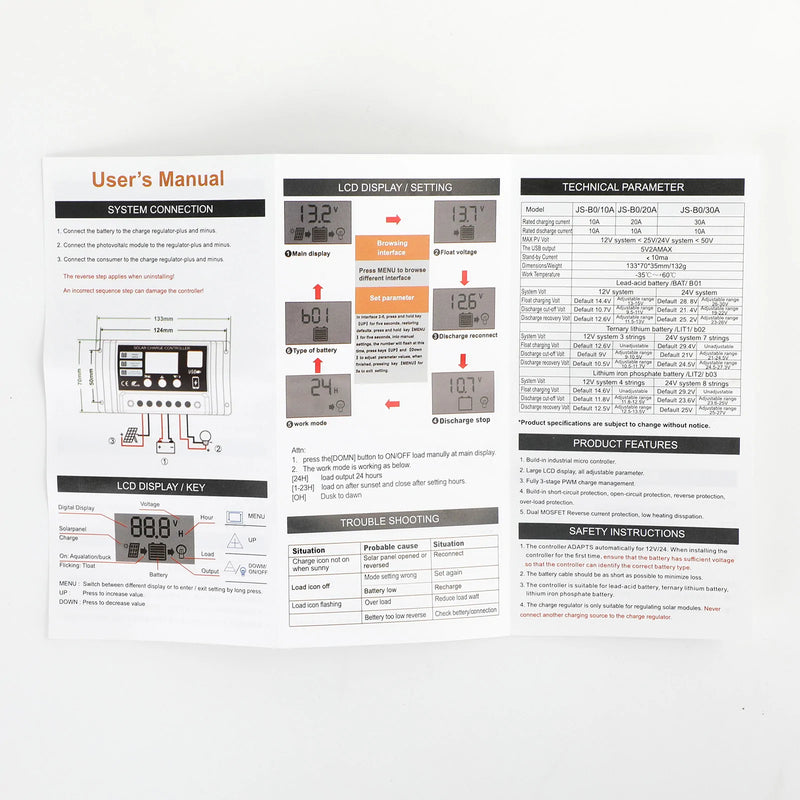 10A/20A/30A Painel Solar Regulador Controlador de Carga PWM LCD Dual USB 12V/24V