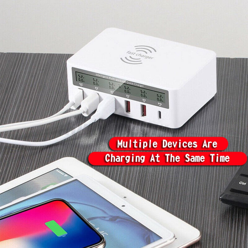 Multiport Quick USB Charger Station mit drahtloser Ladepad LCD Display EU