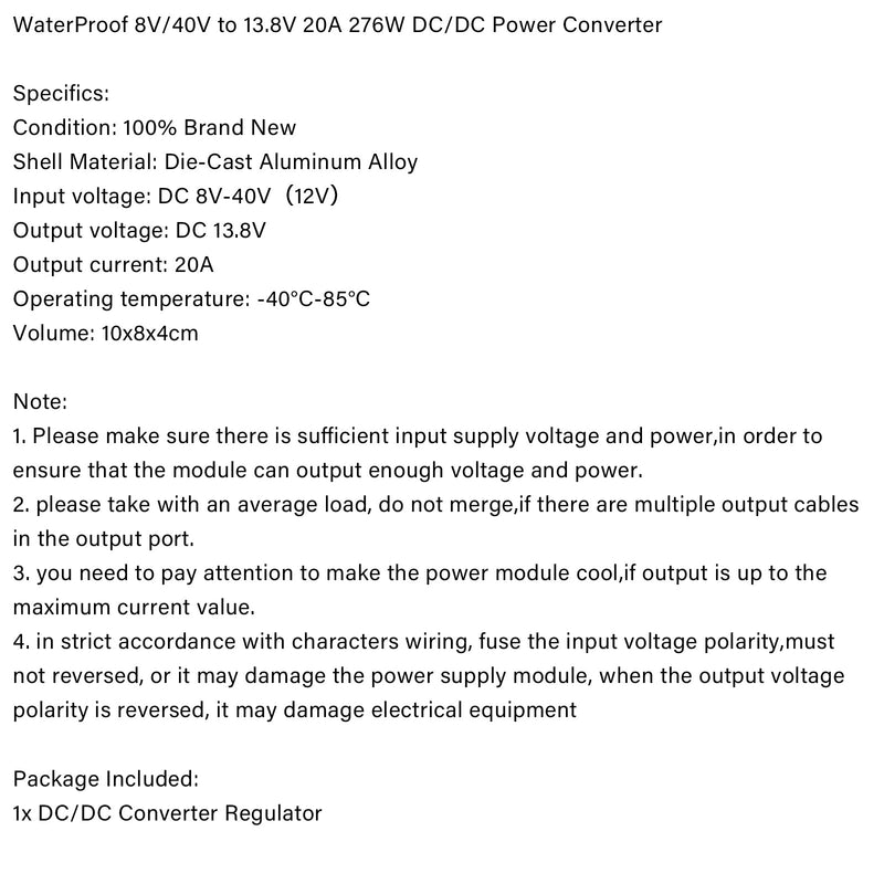 Vedenpitävä 8V/40V - 13,8V 20A 276W Step-Up DC/DC Power Converter Regulator Generic