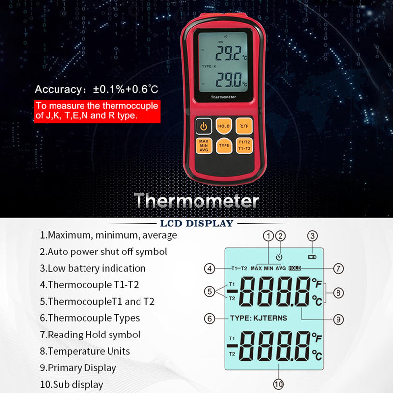 Cyfrowy termometr z termoparą, dwukanałowy tester miernika temperatury LCD