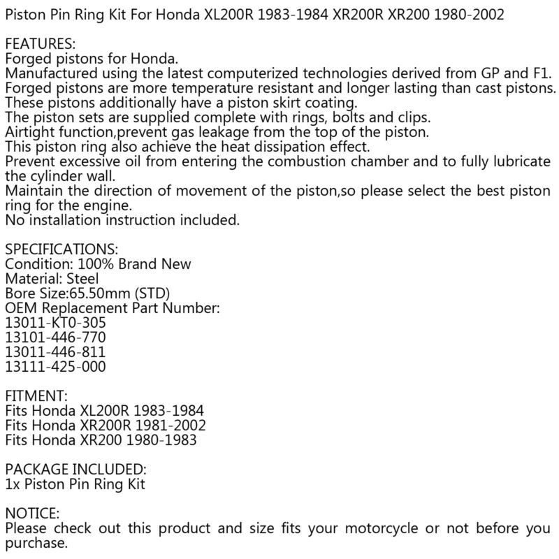 Kit XR200R 13011-446-811 Honda 65,50 mm UE XR200 Pistão XL200 Compatível com 1980-2002 STD Genérico