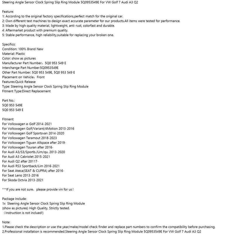 2018-2023 Volkswagen Teramont Módulo de resorte de reloj con sensor de ángulo de dirección 5Q0953549E