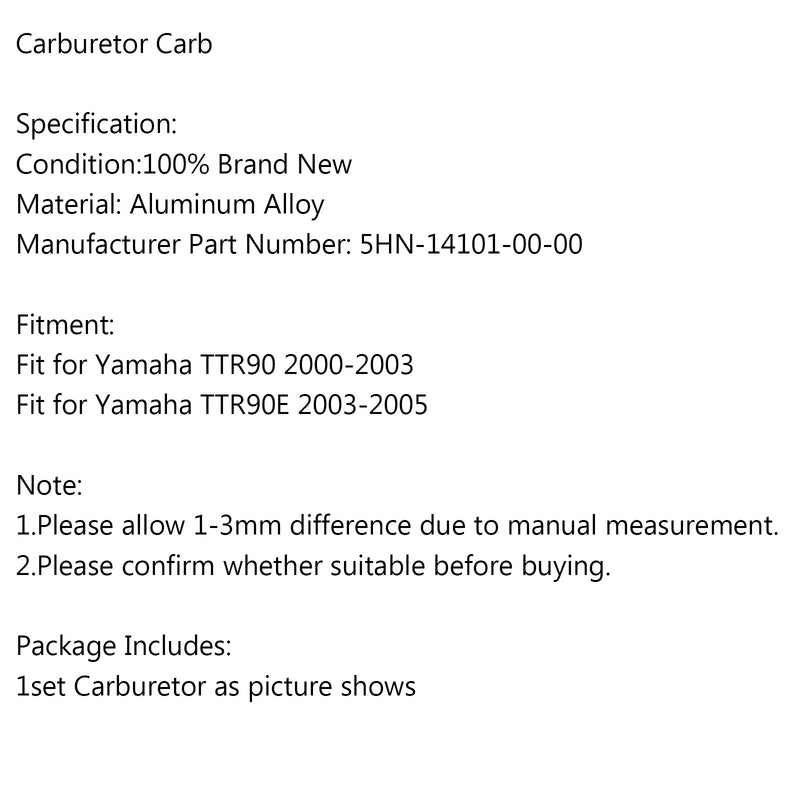 Carburador compatible con Yamaha TTR 90 TTR90 2000-2003 TTR90E 2003-2005 Genérico