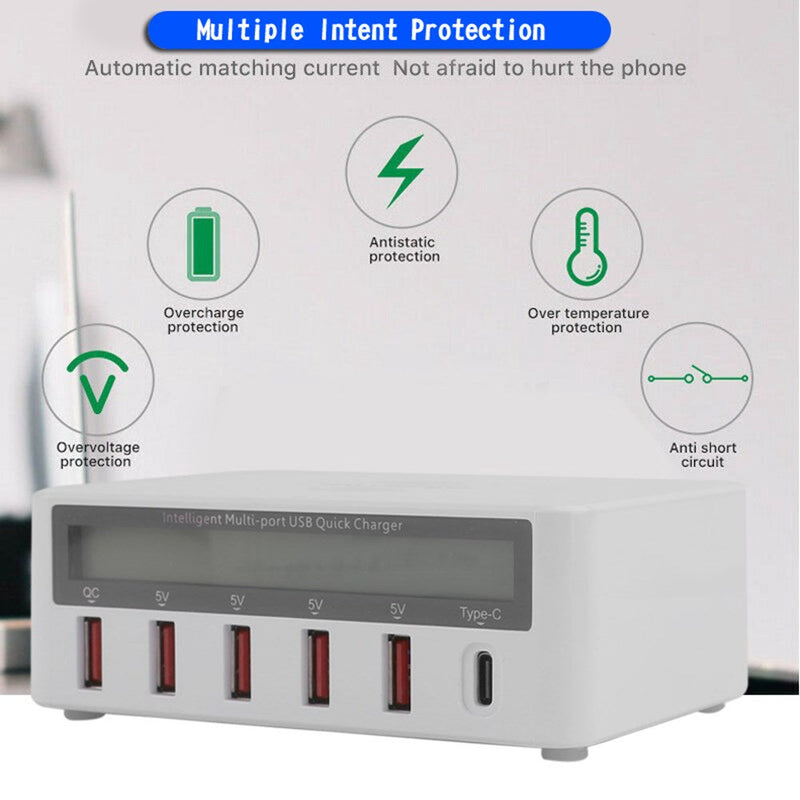 Multiport Quick USB Charger Station langattomalla latausalustalla LCD-näyttö EU