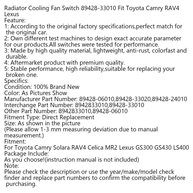 Interruptor del ventilador de refrigeración del radiador 89428-33010 compatible con Toyota Camry Rav4 Lexus